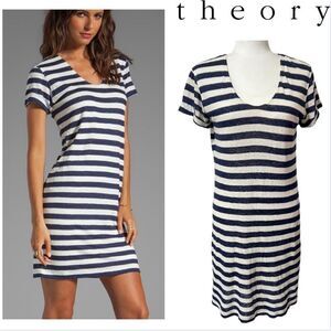 THEORY Navy & White Striped Small Nautical Karelo Soft Linen Petite Shirt Dress